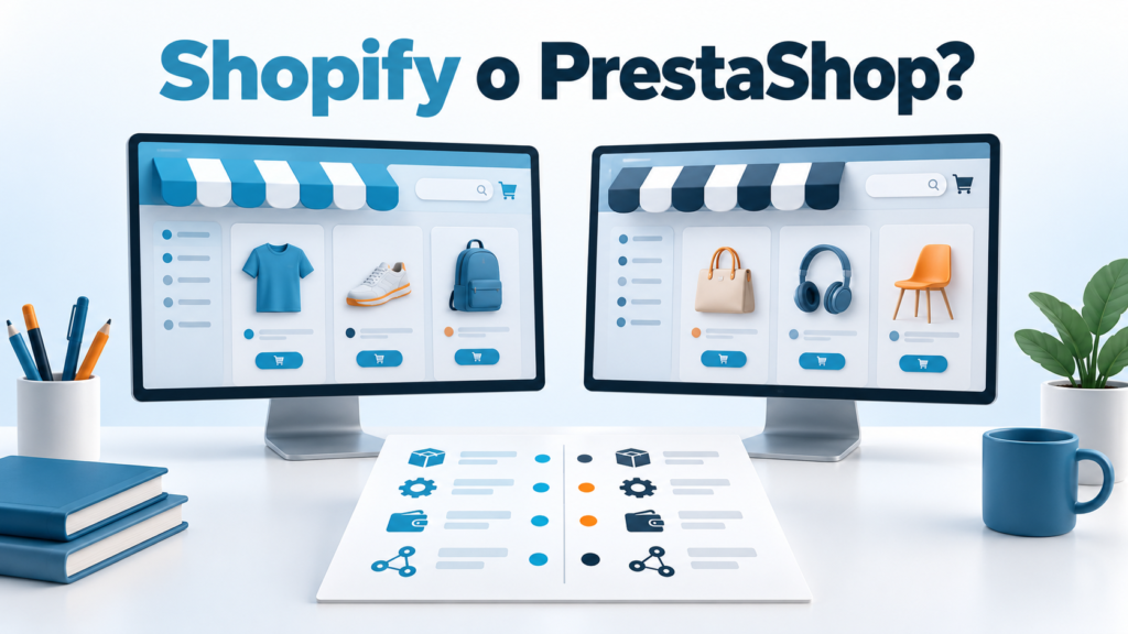 Due vetrine e-commerce affiancate e una scheda di valutazione per scegliere tra Shopify e PrestaShop.